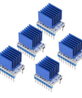 Five Pack Ultra Quiet TMC2208 Stepper Driver Modules for 3D Printers with blue heat sinks, top view angle
