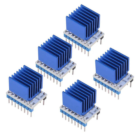 Five Pack Ultra Quiet TMC2208 Stepper Driver Modules for 3D Printers with blue heat sinks, top view angle
