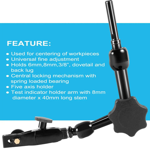 Dead On Nf1022 Centering Indicator Bracket for Tight Milling and Lathe Work, showcasing adjustable black arm and locking mechanism.