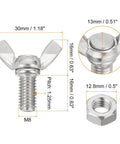 Built Tough M8 Wing Bolts And Butterfly Screws Paired With Hex Nuts Crafted From 304 Stainless Steel For Rust Proof Outdoor Builds And Zero Hassle Hand Tightened Assembly, showing dimensions.
