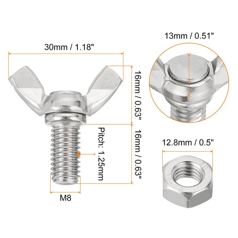 Built Tough M8 Wing Bolts And Butterfly Screws Paired With Hex Nuts Crafted From 304 Stainless Steel For Rust Proof Outdoor Builds And Zero Hassle Hand Tightened Assembly, showing dimensions.