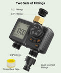 Two Zone Sprinkler Timer For Garden Hose With Battery Power, brass inlet, fittings, and thread seal tape shown
