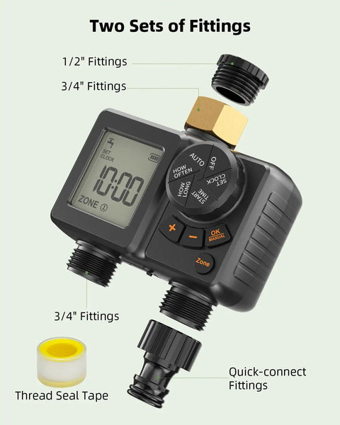 Two Zone Sprinkler Timer For Garden Hose With Battery Power, brass inlet, fittings, and thread seal tape shown