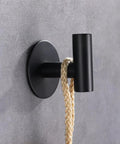 Heavy Duty Adhesive 304 Stainless Steel Robe Hooks Two Pack Matte Black Brushed Finish Wall Mount Coat Hangers For Bathroom Kitchen Living Room Garage Hotel Rustproof And Strong 5 Kg Load shown with rope holding feature