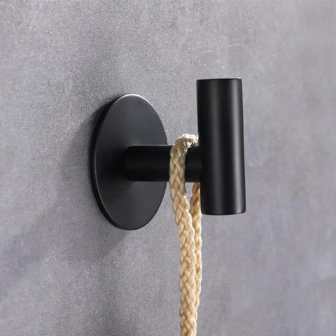 Heavy Duty Adhesive 304 Stainless Steel Robe Hooks Two Pack Matte Black Brushed Finish Wall Mount Coat Hangers For Bathroom Kitchen Living Room Garage Hotel Rustproof And Strong 5 Kg Load shown with rope holding feature
