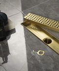 16 Inch Linear Shower Drain With Removable Cover Grid, Brushed Gold Stainless Steel SUS304, in bathroom setting