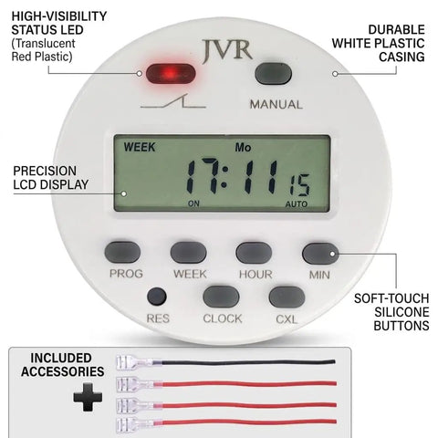 Programmable 12V Timer Switch With 16 Independent On Off Schedules, Timing Range From 1 Minute To 7 Days, showing LCD and buttons