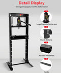 Boss Tier Precision Rated Hydraulic Shop Press With Broad Stamping Plates For Quick Bearing Swaps Tough Garage Builds Black Powder Coated Steel Frame detail display showing large bottle jack and sturdy construction.