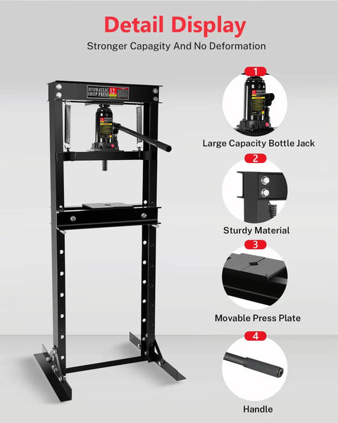 Boss Tier Precision Rated Hydraulic Shop Press With Broad Stamping Plates For Quick Bearing Swaps Tough Garage Builds Black Powder Coated Steel Frame detail display showing large bottle jack and sturdy construction.