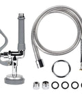 Pro Grade Commercial Sink Sprayer Kit With 45 Inch Flexible Stainless Steel Hose, Pre Rinse Dish Spray Valve Replacement, components shown