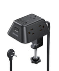 Desk Clamp Power Strip Surge Protector With Five AC Outlets And Three USB Ports, desk mount charging station, black, side view