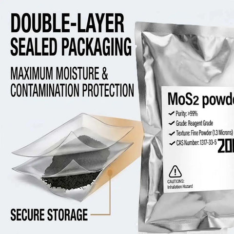Ultra Fine Molybdenum Disulfide Powder, 99 Percent Purity, double-layer sealed packaging for moisture protection, 100g