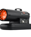 Pro Level 70000 Btu Kerosene And Diesel Forced Air Heater Blows Serious Heat With Zero Hassle Using Integrated Thermostat Control For Warehouses, Workshops, And Active Job Sites, side view showcasing the outlet and control panel.