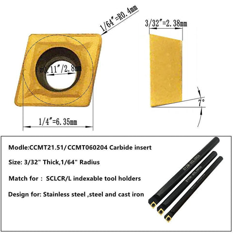 Carbide turning inserts CCMT/DCMT, front view with center hole; gold multilayer coating, 20-piece set.