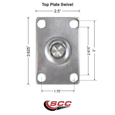 Top view of a top plate swivel for Beefy Semi Steel Cast Iron Swivel Top Plate Caster Set Of Four With Three Inch Silver Wheels 1200 Lb Total Capacity