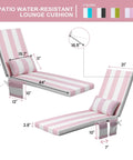 Two Piece Chaise Lounge Cushion Set With Head Pillow And Side Pockets, Water Repellent, Pink Stripe 72x21 Inch, shown front and side