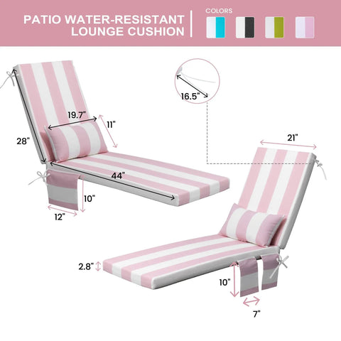 Two Piece Chaise Lounge Cushion Set With Head Pillow And Side Pockets, Water Repellent, Pink Stripe 72x21 Inch, shown front and side