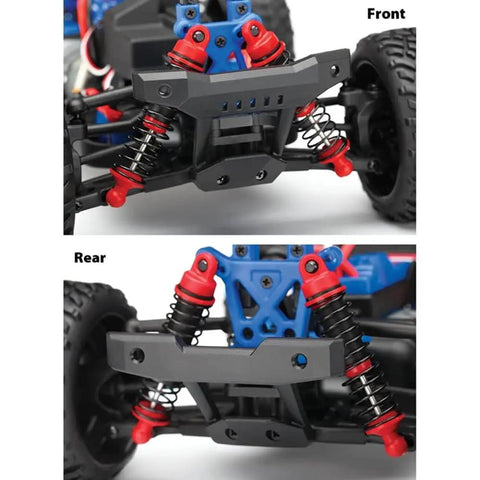Close-up of LaTrax Desert Prerunner 1 By 18 Scale 4WD Electric Truck RTR Blue Beast front and rear suspension details.