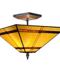 14 Inch Tiffany Style Stained Glass Mission Flush Mount Ceiling Light 2 Light Antique Lamp For Living Room Hallway Kitchen Entryway Hardwired E26 LED CFL Compatible
