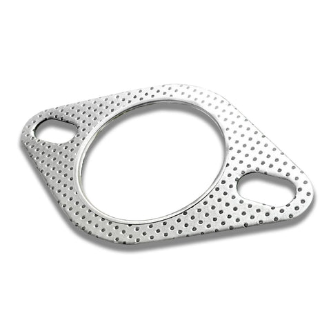 Car exhaust gasket, silver stainless steel, perforated metal flange with two oblong bolt holes (2.5 in)
