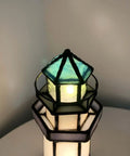 Top view of Blue Lighthouse Tiffany Style Stained Glass Table Lamp 5x5x11 Inch Accent Night Light for Home Decor