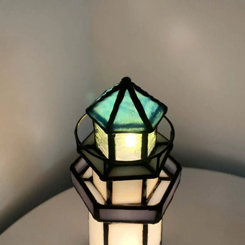 Top view of Blue Lighthouse Tiffany Style Stained Glass Table Lamp 5x5x11 Inch Accent Night Light for Home Decor