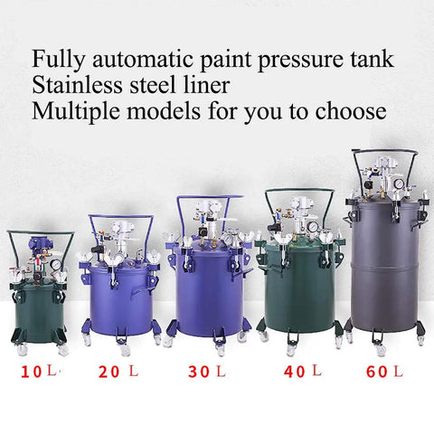 Rugged Commercial Sixty Liter Pneumatic Paint Pressure Tank Featuring Kickass Automatic Air Agitation And Reliable Safety Valve For Consistent Coating Jobs, showcasing various size models including 10, 20, 30, 40, and 60 liters.
