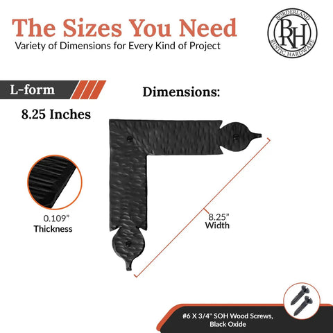 Top Shelf 4 Pack 8.25 Inch Black Metal L Brackets with 0.109" thickness for rustic furniture and cabinet hardware upgrades.
