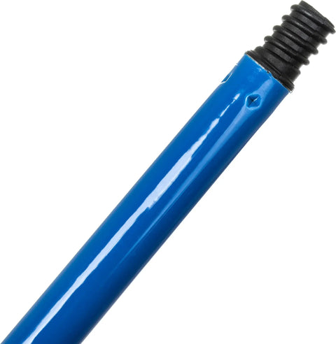 Heavy Duty 48 Inch Powder Coated Metal Broom Handle With Smooth Plastic Thread Attachment And Secure Hanging Cap Standard Acme Fitting For Floor Sweeps 12 Pack Built Like A Truck Blue - close-up of threaded tip.