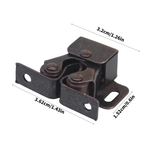 Double Roller Cabinet Lock Latch with Mounting Screws for Cupboard Doors and Drawers, showing dimensions and durable design