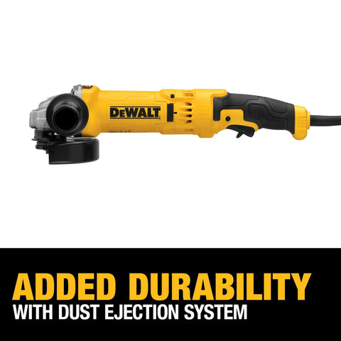 Side view of Four And A Half To Five Inch Trigger Grip Angle Grinder Workhorse With A 13 Amp Motor And Dust Ejection System for grinding