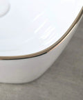 Close-up of Modern Square 16 By 16 White Porcelain Vessel Sink With Gold Trim For Lavatory Vanity Cabinet, Ceramic Art Basin