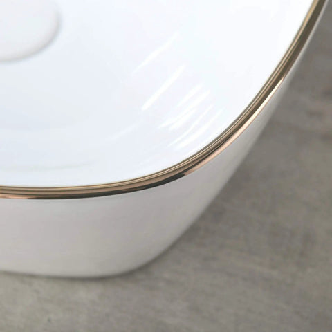 Close-up of Modern Square 16 By 16 White Porcelain Vessel Sink With Gold Trim For Lavatory Vanity Cabinet, Ceramic Art Basin