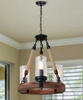 Wooden Ring Hemp Rope Wagon Wheel Chandelier Rustic Farmhouse Vibe Pendant Lighting With Glass Shade Three Lights Brown Finish