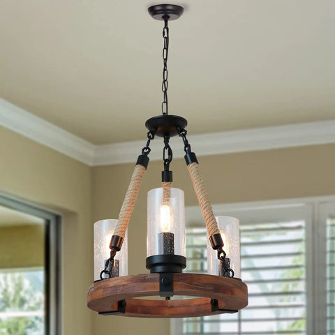 Wooden Ring Hemp Rope Wagon Wheel Chandelier Rustic Farmhouse Vibe Pendant Lighting With Glass Shade Three Lights Brown Finish