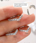 16G Helix Earrings With V Shaped CZ Inlay 316L Surgical Steel Cartilage Jewelry shown on fingers, sizes 8mm, 10mm, 12mm.