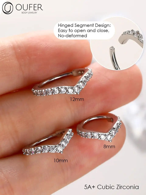 16G Helix Earrings With V Shaped CZ Inlay 316L Surgical Steel Cartilage Jewelry shown on fingers, sizes 8mm, 10mm, 12mm.