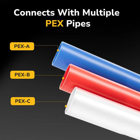 Three PEX pipes in blue, red, and white labeled PEX-A/PEX-B/PEX-C for hot and cold water plumbing