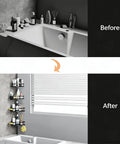 Before and after of Corner Shower Caddy Tension Pole 4 Tier Rustproof Shelves over bathtub showing organized bathroom storage.