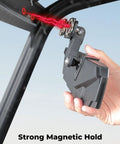 Upgraded Top Heavy Duty Magnetic Rear View Side Mirror With Wide Angle Hd Convex Lens For Golf Carts Forklifts And Utv Rides Featuring Secure Clip Mount showing strong magnetic hold and secure fit.