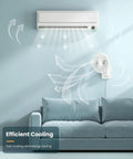 Dope 8 Inch Wall Mounted Fan With Remote, 90 Degree Oscillation, Four Speed Settings, Quiet Operation, Adjustable Tilt, 70 Inch Cord, Timer, Great For RV Bedroom Home Office Garage, in a living room setting.