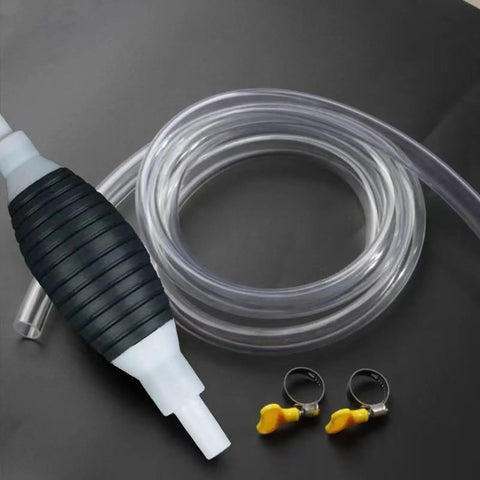 Heavy Duty Liquid Sucker Hand Pump With Large Bore Ball Valves And High Flow Hoses For Super Efficient Fluid Transfer From Tanks To Cars Or Jugs Without Any Filter Issues, featuring flexible clear hoses and rubber bulb.