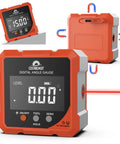 Front and side view of Pro Grade Digital Angle Finder With Laser Four Side Magnetic Digital Angle Gauge Handy Rechargeable Mini Laser Level Cube Inclinometer With Backlight For Woodworking Tablesaw All In One Gift For Men Orange. It has a digital display, laser line, and magnetic sides.