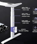 Fly One Touch Electric Rising Desk For Home Office And Gaming Dope Ergonomic Sit Stand Workstation With Silent Motor Smooth Height Adjustments showcasing steel frame sizes and features.