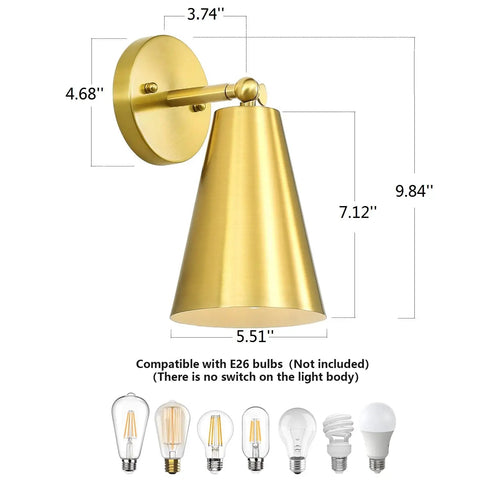 Gold Wall Sconces Set Of Two, 180 Degree Adjustable Mid Century Modern Sconce Lighting dimensions with bulb compatibility
