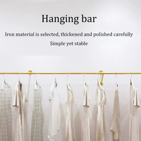 Sturdy Gold Iron Wall Mounted Clothing Rack 300cm For Garments And Shoes, Heavy Duty Metal Display Bar, with garments hanging