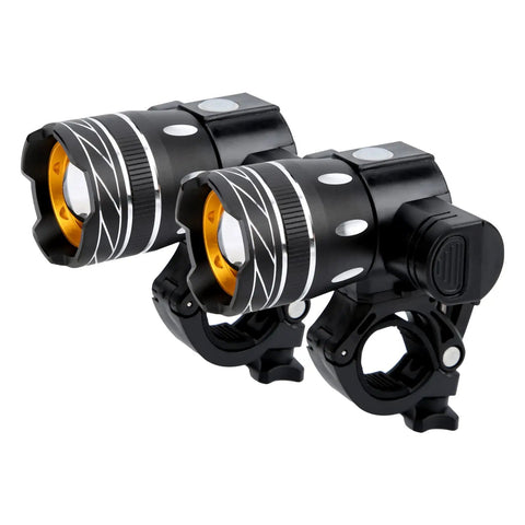 USB Rechargeable LED Headlight For Electric Scooters And Bikes, front view, black weatherproof aluminum, adjustable focus