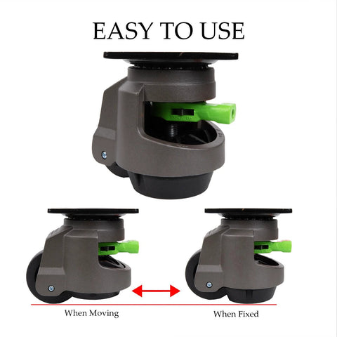 4 Pack Leveling Casters Heavy Duty With Upgraded Ratchet 360 Degree Swivel With Feet Height Adjustable Total Capacity 2200 Lbs Ideal For Workbenches And Machinery Easy Height Adjustment By Shaking Handle For Quick Leveling On Any Surface showing caster in moving and fixed positions.
