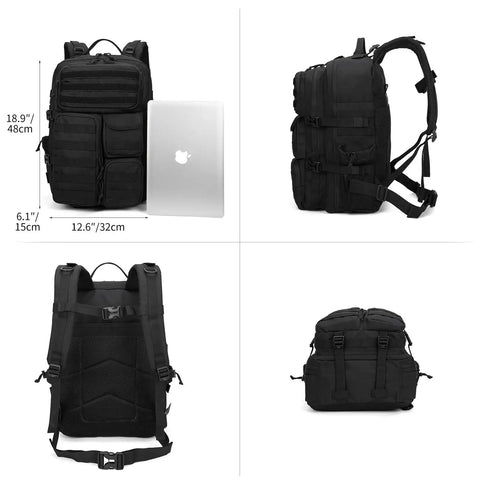Rugged Tactical Backpack 25L 30L 35L 45L Waterproof Outdoor Daypack With Molle Gear and multiple pockets black design angles