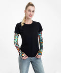Fresh Ride Out Ice Silk Arm Sleeves Boasting Fly Mechanical Face Prints For Solid Sun Defense And Road Burn Guard Ultra Lightweight Airy Stretch Fit Daily Commuting Cycling Gear worn by a woman with a black shirt.